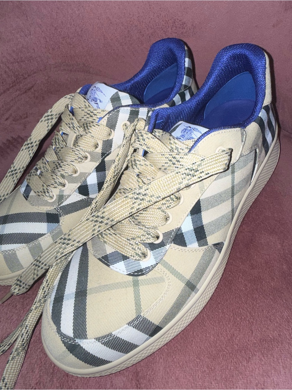 Burberry Beige Check Canvas Sneakers with Blue Interior